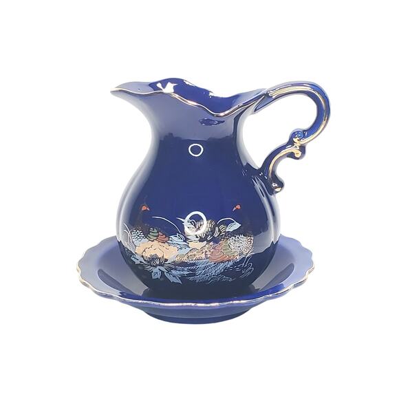 Vtg Cobalt Blue Pheasants & Gold Peony Pitcher & Basin Decorative Birds - Picture 1 of 12